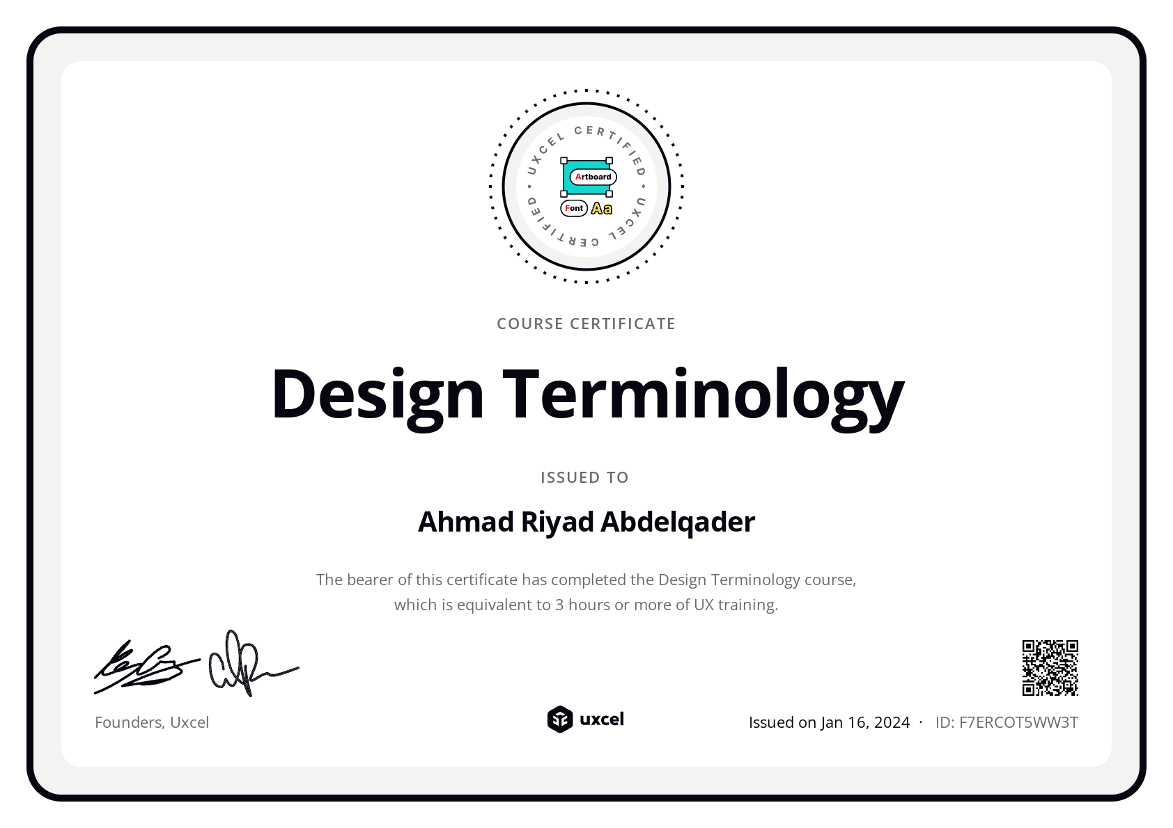 Ahmad Riyad Abdelqader's certificate